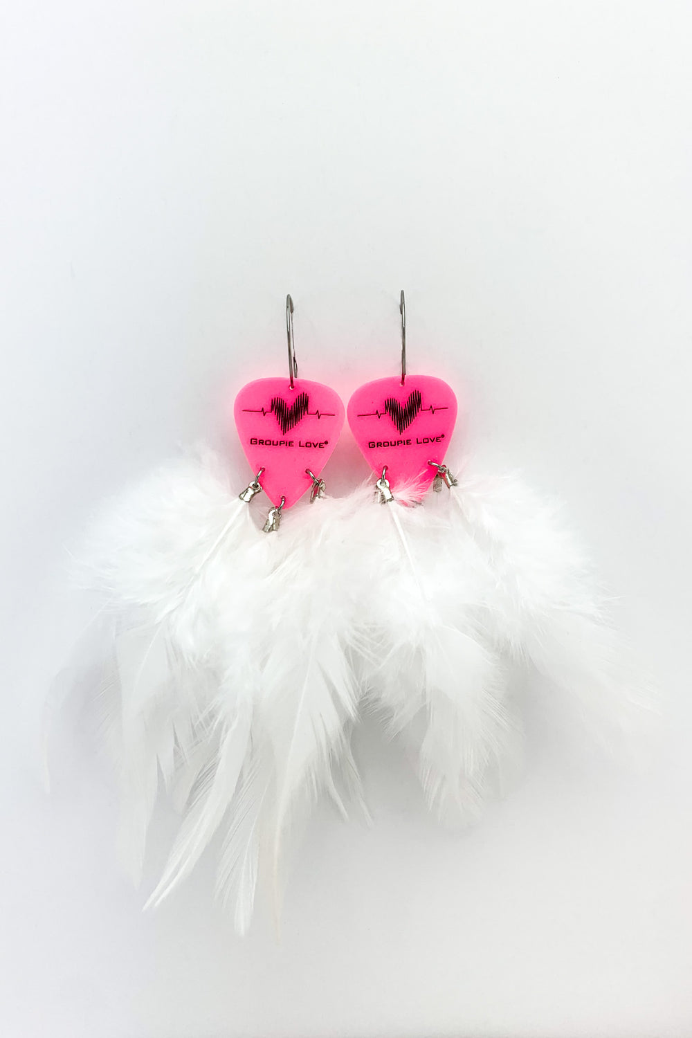 Groupie Love Pink White Feather Guitar Pick Earrings
