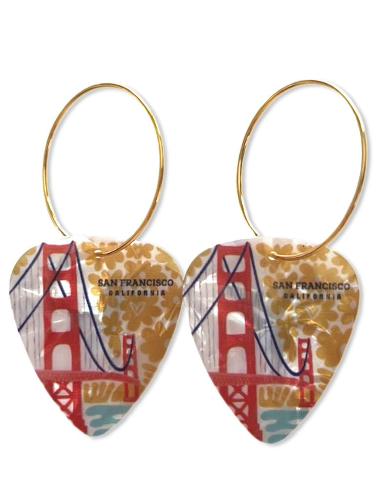 San Francisco Golden Gate Bridge Sunset Yellow Flowers Reversible Single Guitar Pick Earrings