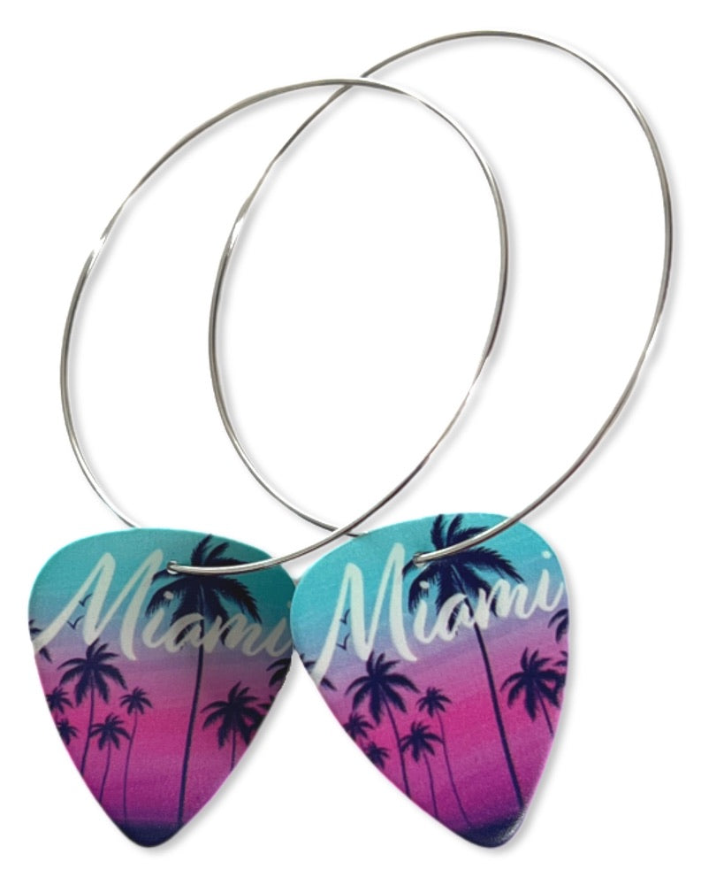 Miami Pink Blue Palm Tree Single Guitar Pick Earrings
