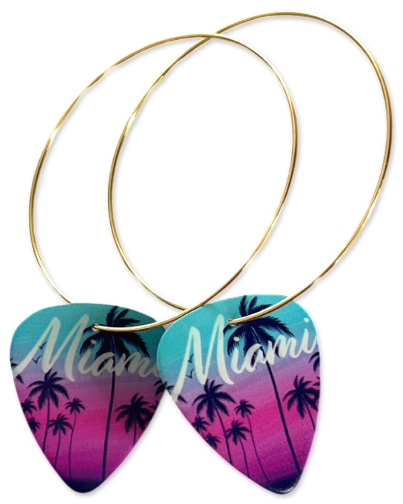 Miami Pink Blue Palm Tree Single Guitar Pick Earrings