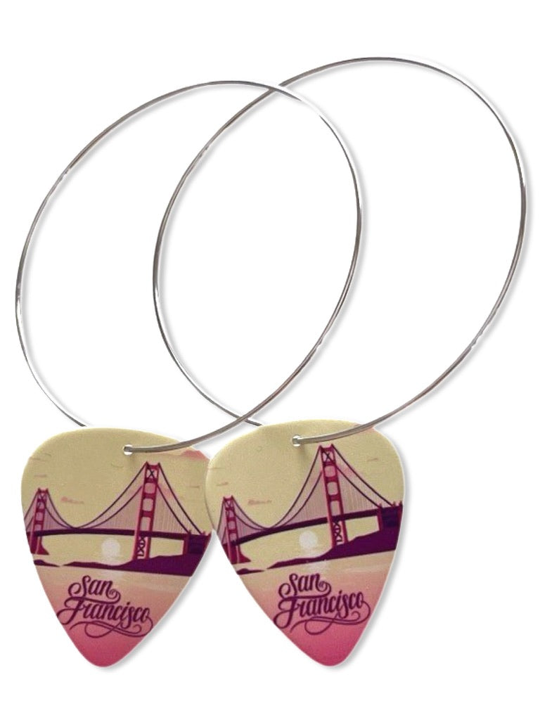 WS San Fransisco Golden Gate Bridge Sunset Reversible Single Guitar Pick Earrings