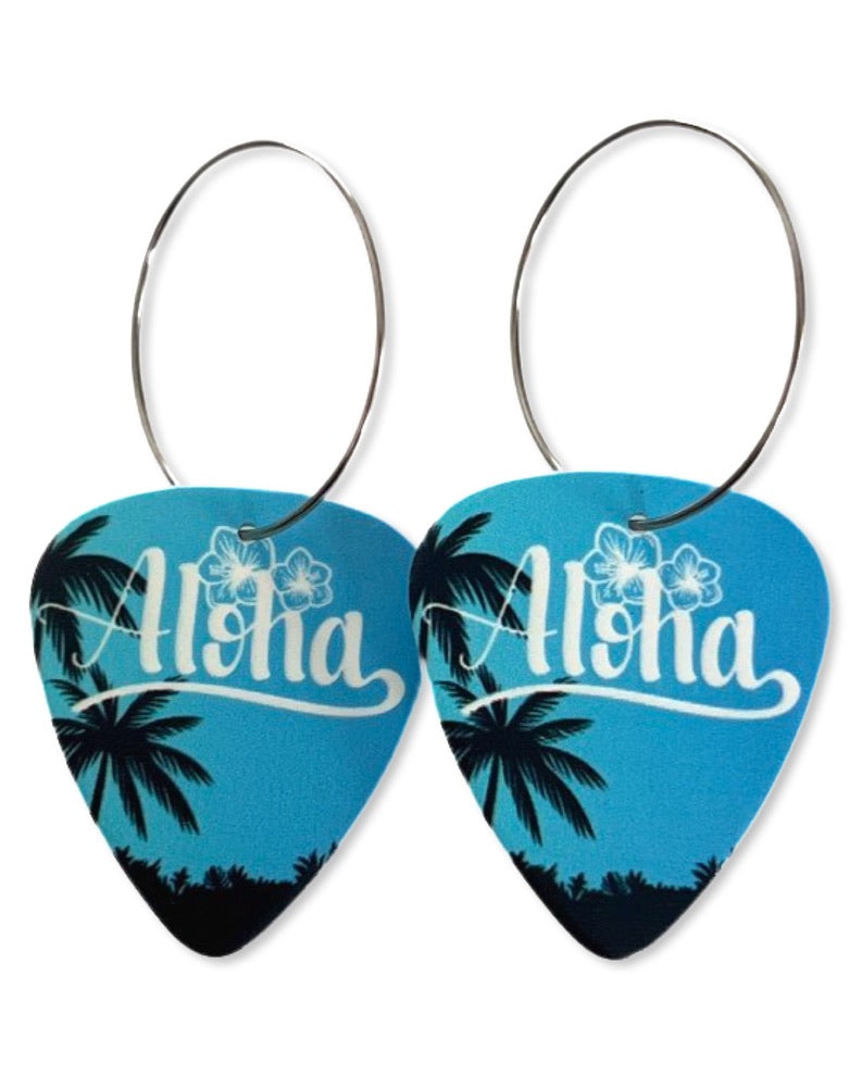 Aloha Blue Palm Tree Single Guitar Pick Earrings