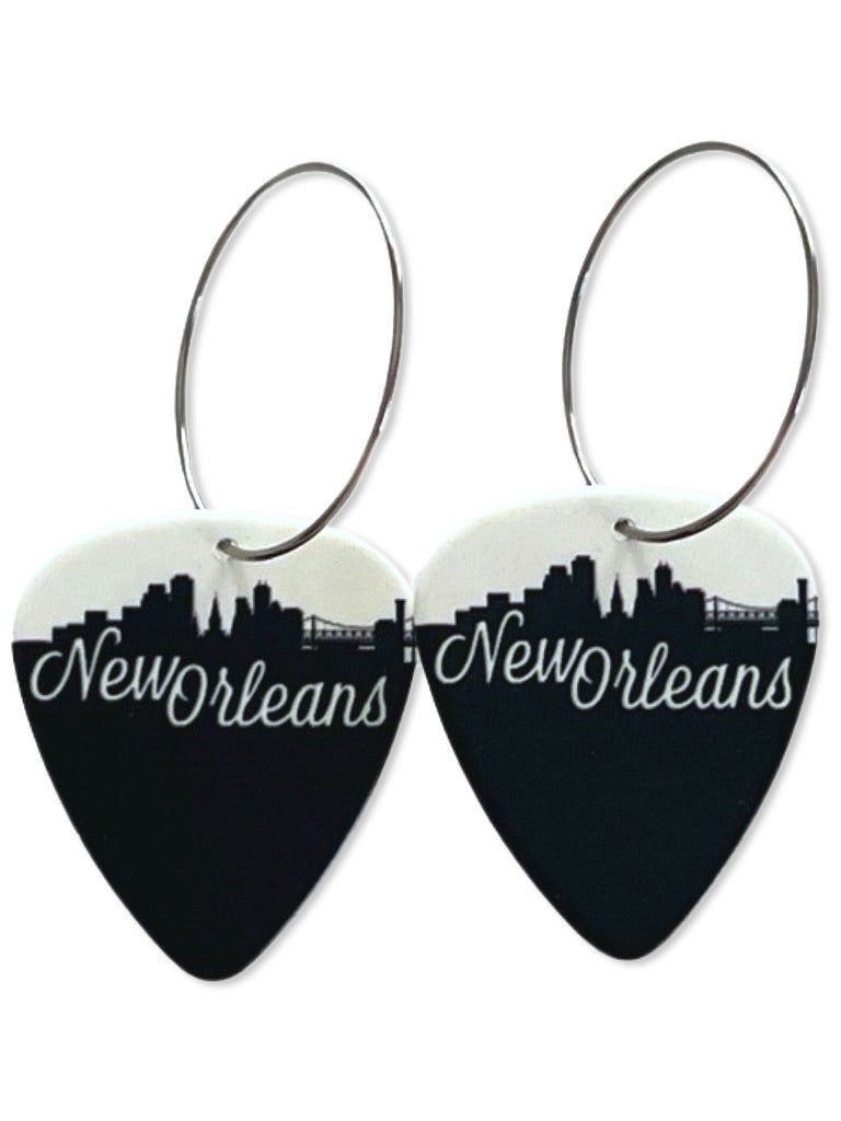 New Orleans Black & White Skyline Reversible Single Guitar Pick Earrings