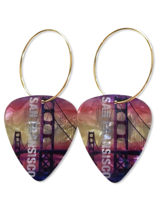 San Francisco Golden Gate Bridge Sunset Pearl Reversible Single Guitar Pick Earrings