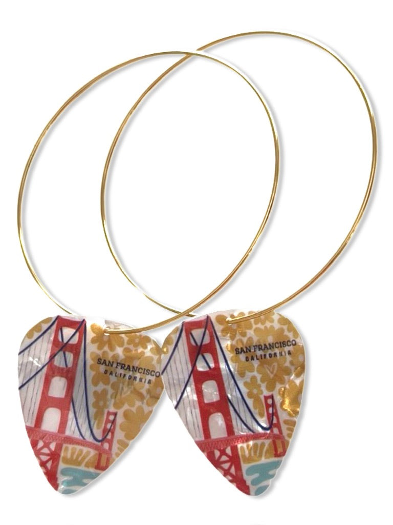 San Francisco Golden Gate Bridge Sunset Yellow Flowers Reversible Single Guitar Pick Earrings