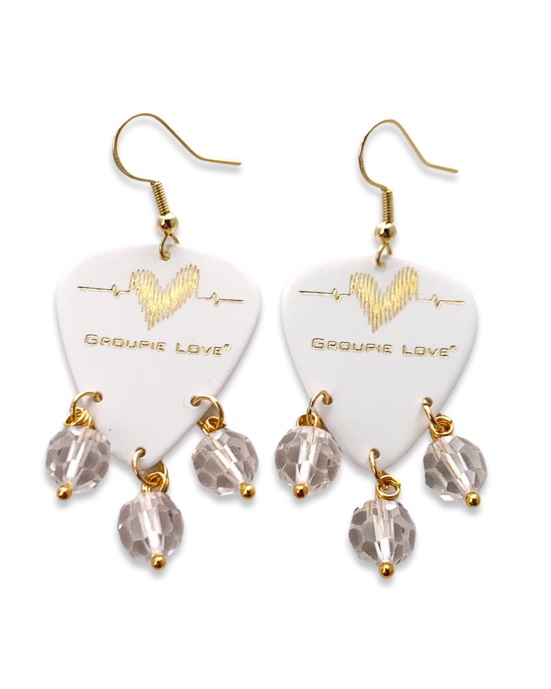 Groupie Love White Gold Quartz Crystal Guitar Pick Earrings
