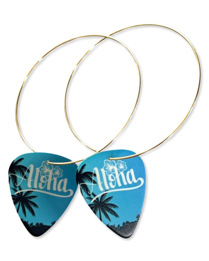 Aloha Blue Palm Tree Single Guitar Pick Earrings