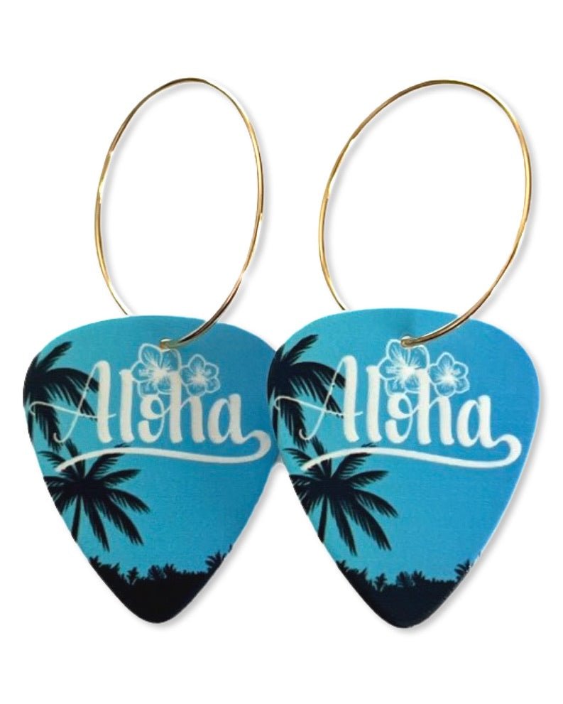 WS Aloha Blue Palm Tree Single Guitar Pick Earrings