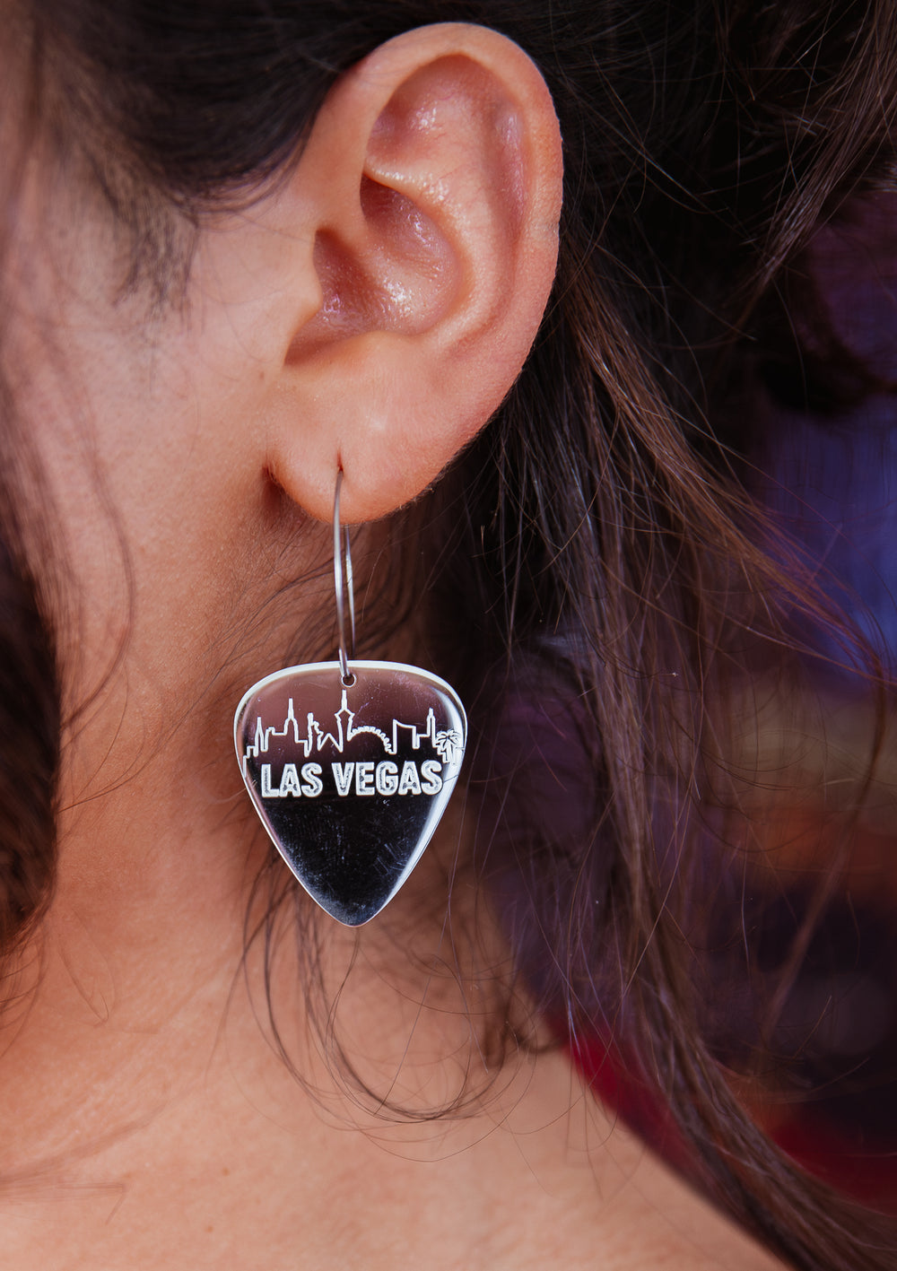 WS Las Vegas Skyline Steel Reversible Single Guitar Pick Earrings