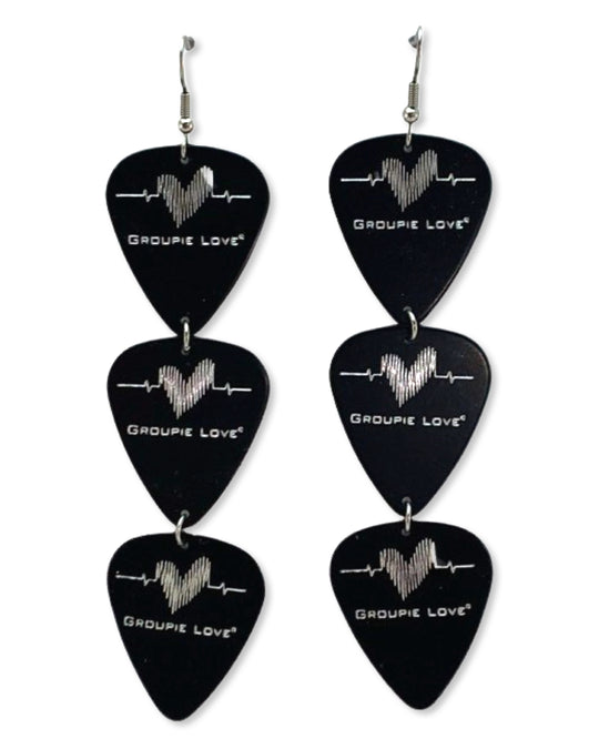Groupie Love Black Silver Triple Guitar Pick Earrings