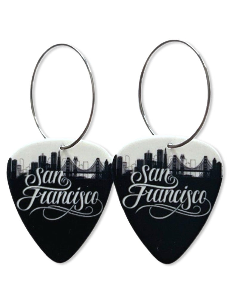 San Francisco Black & White Skyline Reversible Single Guitar Pick Earrings