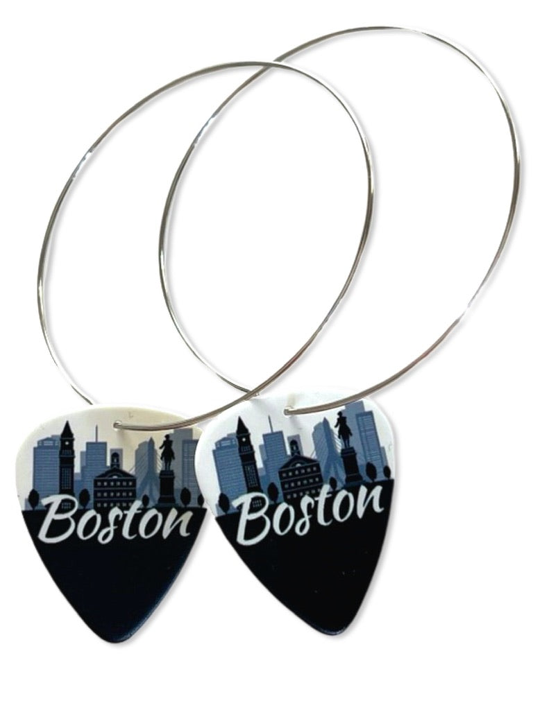 WS Boston Black & White City Skyline Reversible Single Guitar Pick Earrings