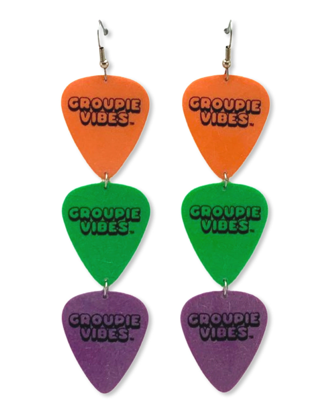 Groupie Vibes Orange Green Purple Triple Guitar Pick Earrings