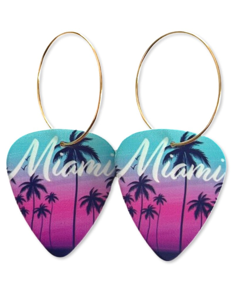 Miami Pink Blue Palm Tree Single Guitar Pick Earrings