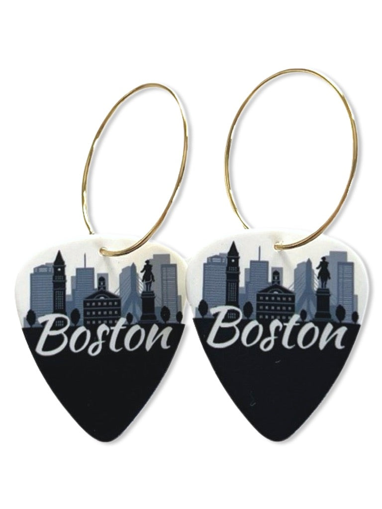 Boston Black & White City Skyline Reversible Single Guitar Pick Earrings