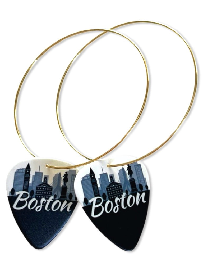 Boston Black & White City Skyline Reversible Single Guitar Pick Earrings