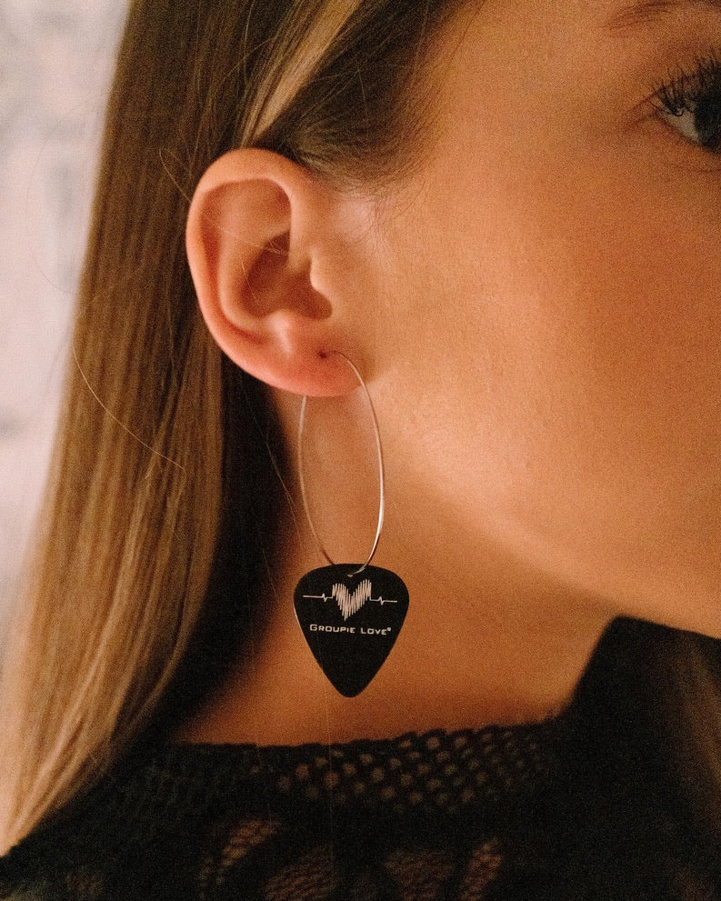 Groupie Love Black Silver Single Guitar Pick Earrings