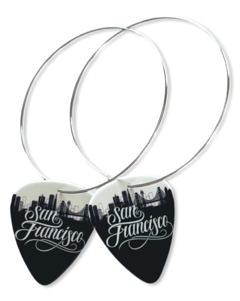 WS San Francisco Black & White Skyline Reversible Single Guitar Pick Earrings