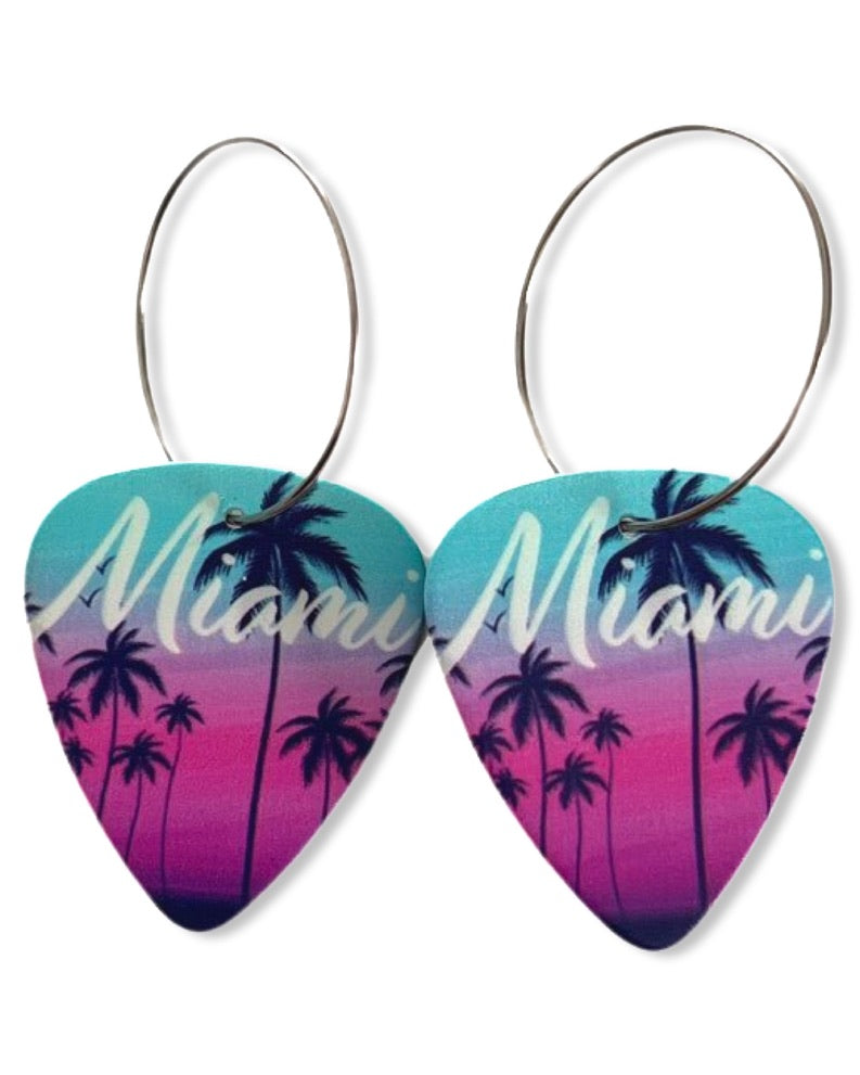 Miami Pink Blue Palm Tree Single Guitar Pick Earrings