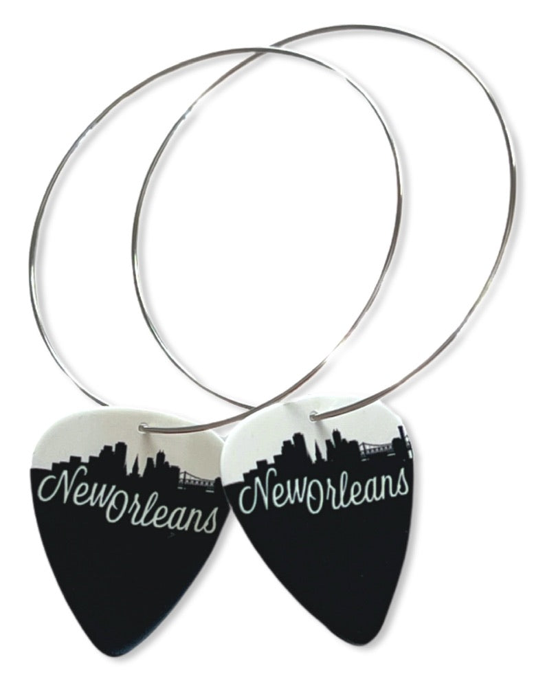 New Orleans Black & White Skyline Reversible Single Guitar Pick Earrings