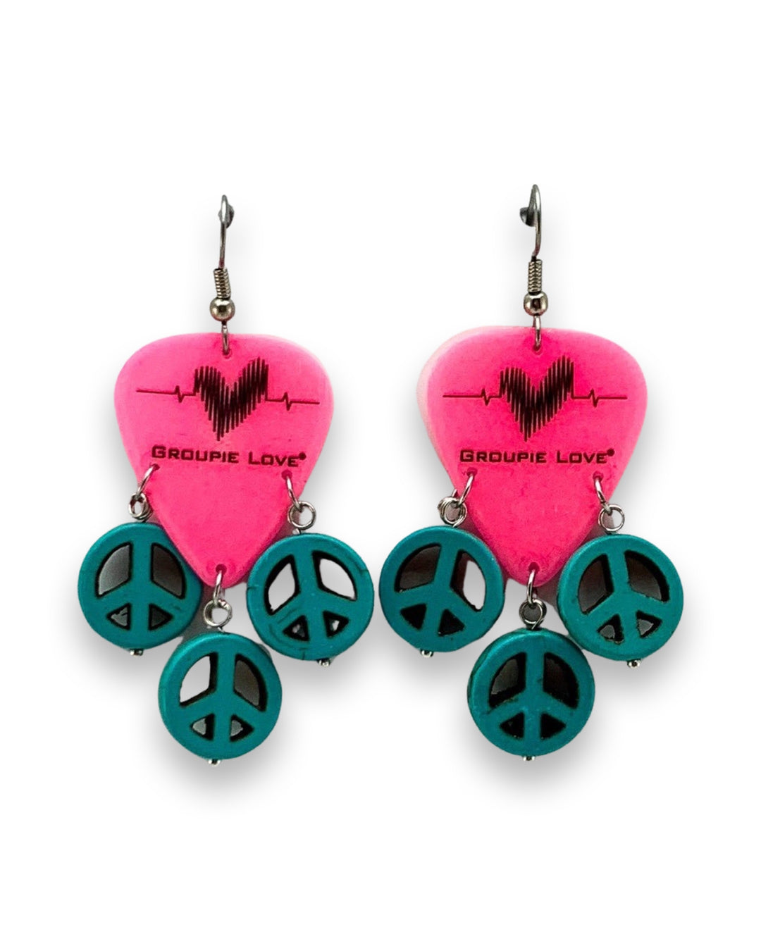 Groupie Love Pink Turquoise Peace Guitar Pick Earrings