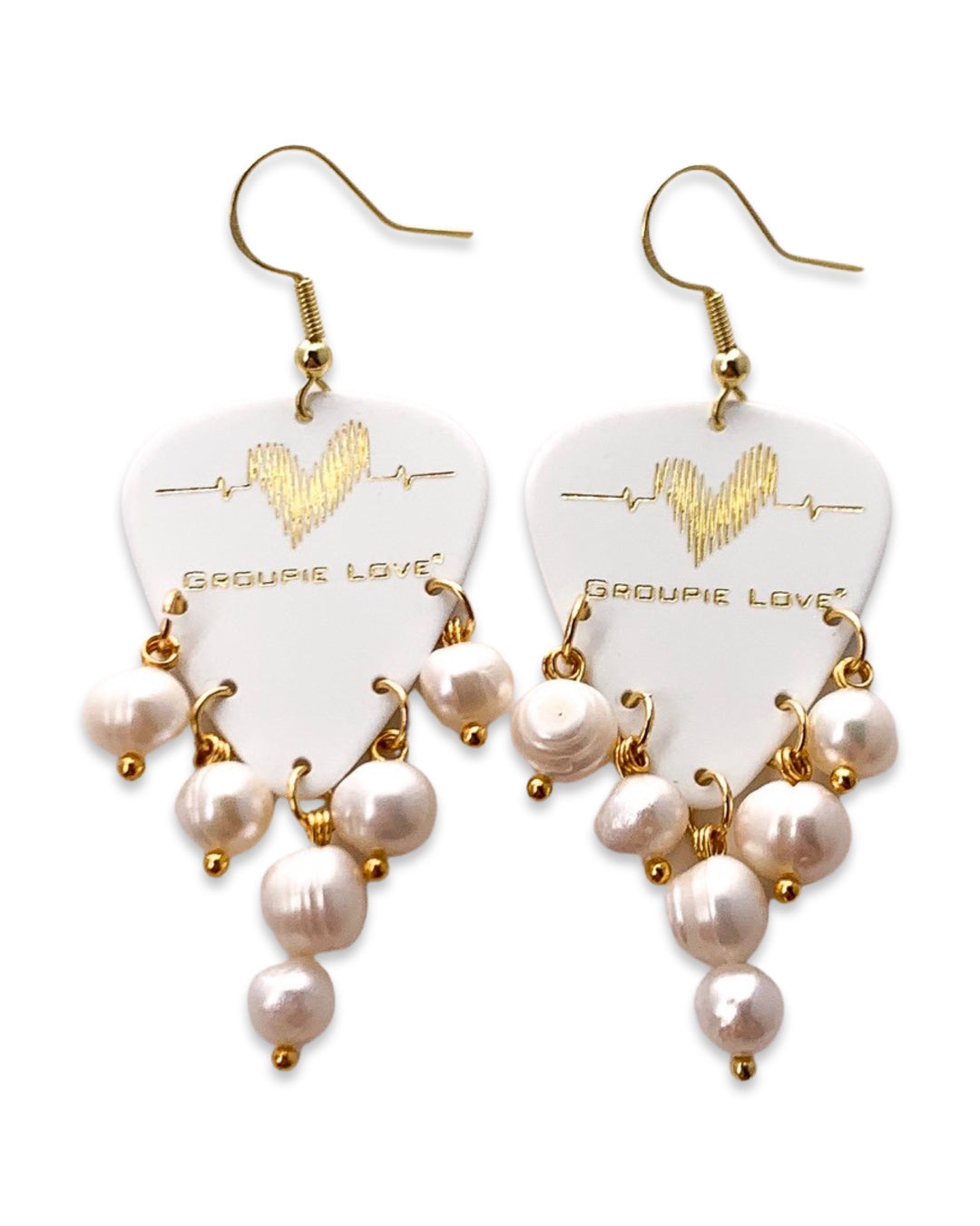 Groupie Love White Gold Pearl Guitar Pick Earrings