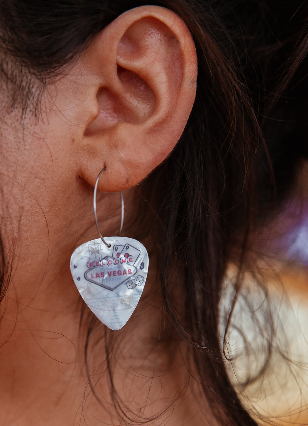 WS Las Vegas Get Lucky White Pearl Reversible Single Guitar Pick Earrings