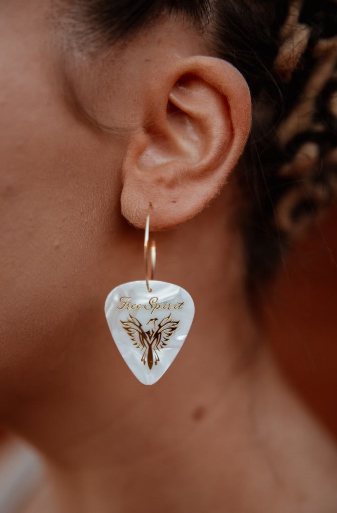 Free Spirit White Pearl Gold Single Guitar Pick Earrings