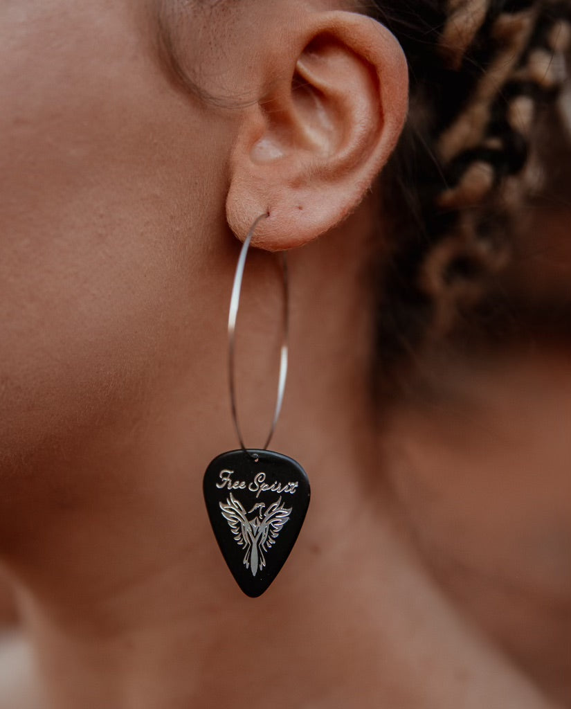 Free Spirit Black Silver Single Guitar Pick Earrings