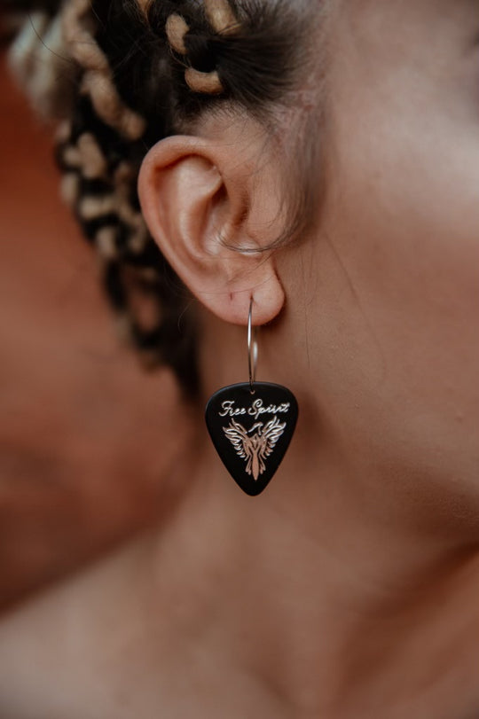 Free Spirit Black Silver Single Guitar Pick Earrings