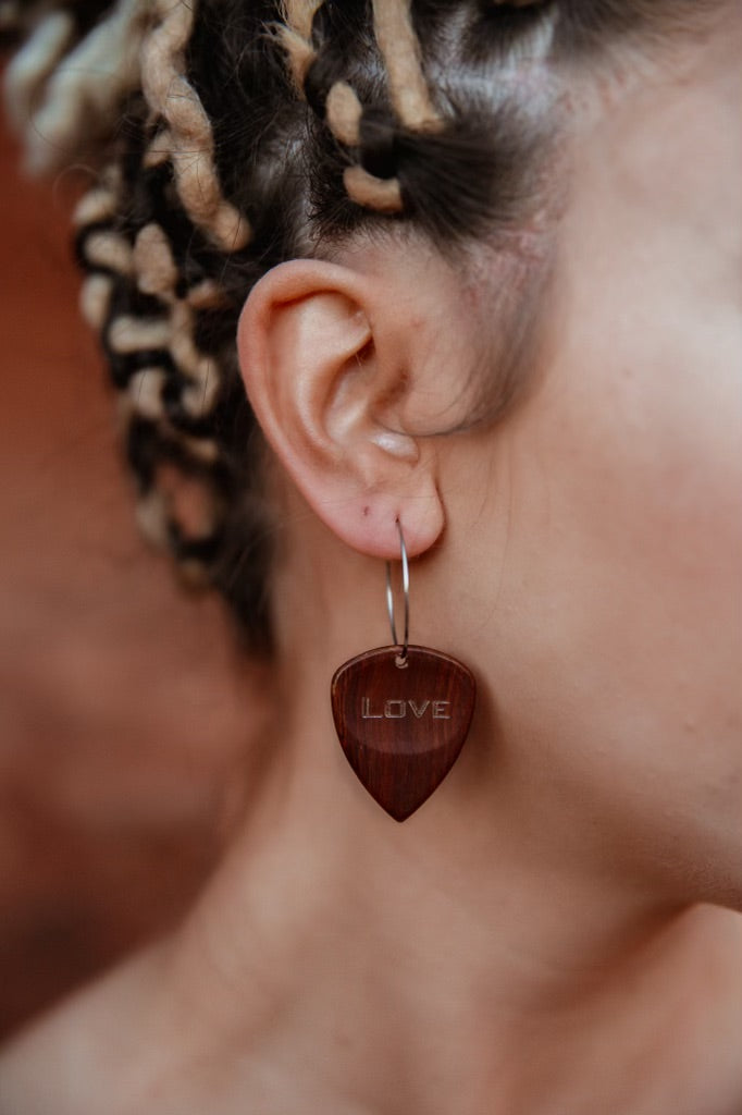 WS Groupie Love Red Sandalwood Wood Reversible Single Guitar Pick Earrings