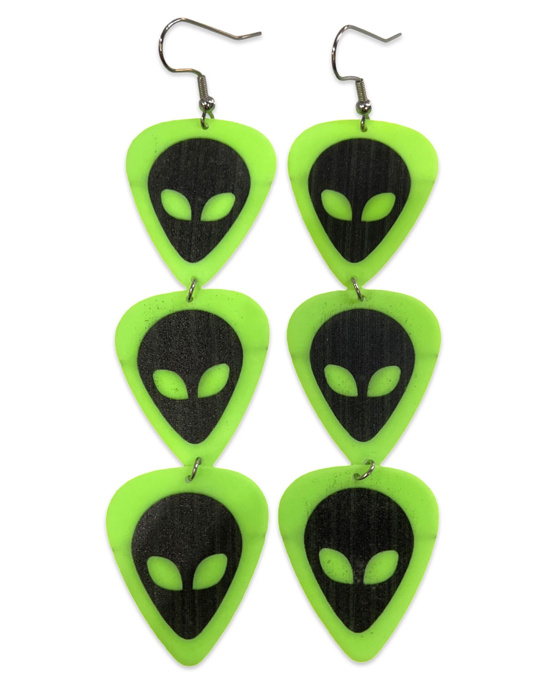 Alien Neon Green Silver Triple Guitar Pick Earrings