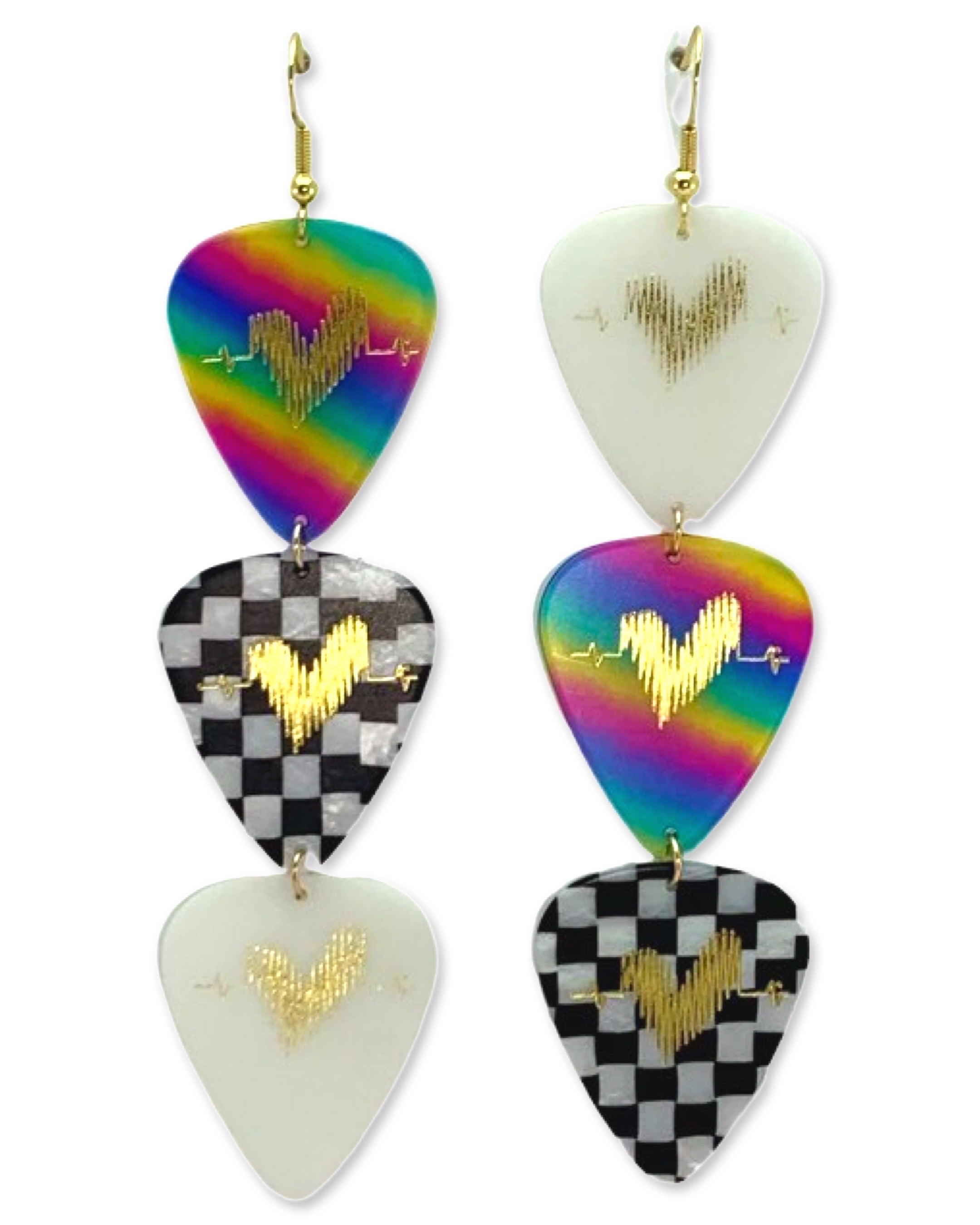 Groupie Love Rainbow Checkerboard Triple Guitar Pick Earrings