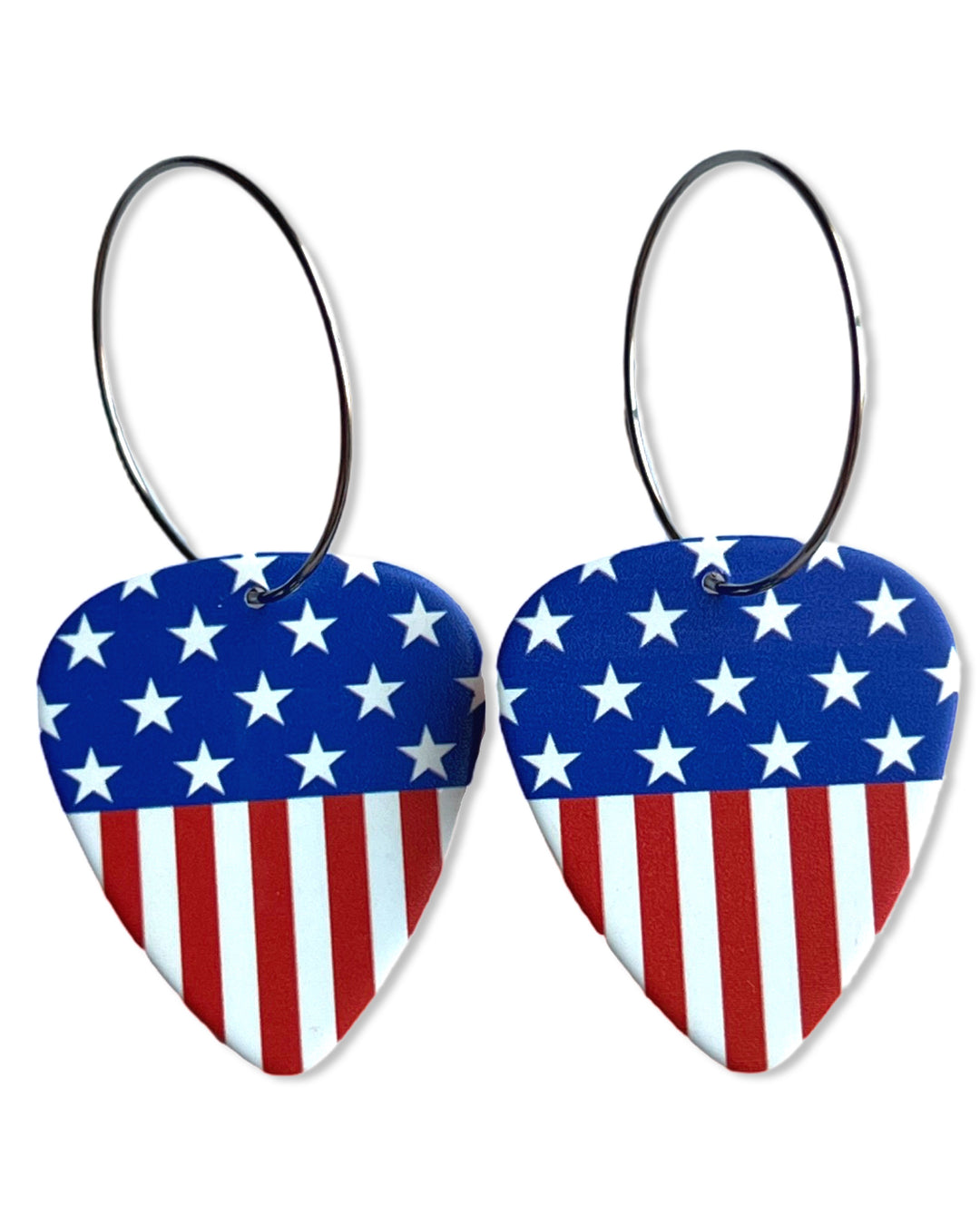 Womens, American Flag, Guitar Pick Earrings on 25 mm silver hoops. 