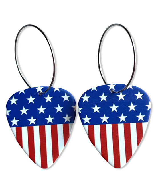 Womens, American Flag, Guitar Pick Earrings on 25 mm silver hoops. 