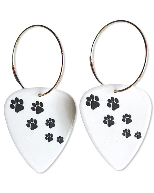 Womens, Animal Paw Print Hearts, Guitar Pick Earrings on 25 mm 14K Gold filled hoops.