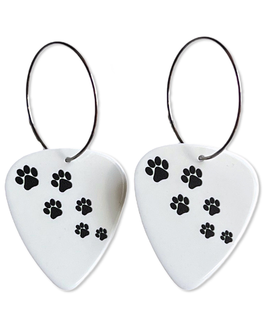 Womens, Animal Paw Print Hearts, Guitar Pick Earrings on 25 mm stainless steel silver hoops.