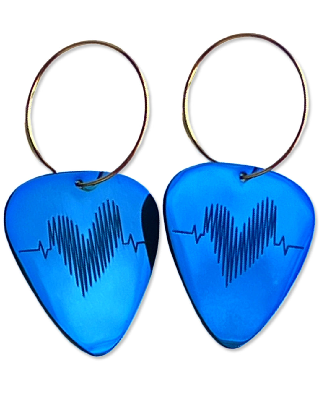 Womens, Class Blue Steel, Guitar Pick Earrings on 25 mm 14k Gold filled hoops. 