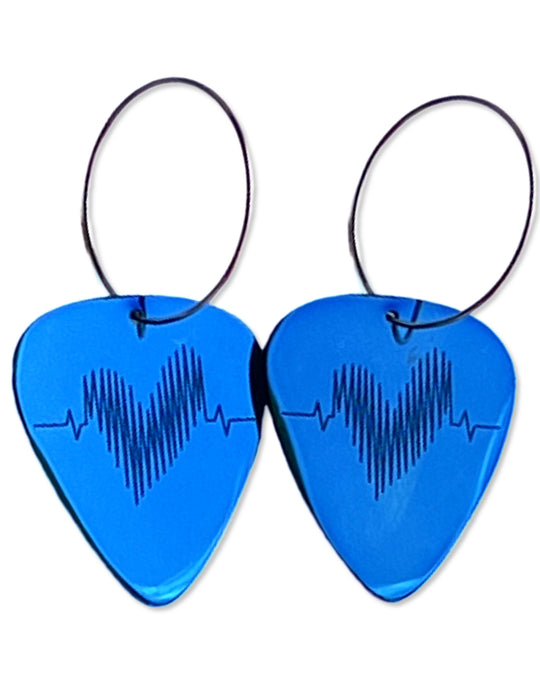 Womens, Class Blue Steel, Guitar Pick Earrings on 25 mm stainless steel silver hoops.
