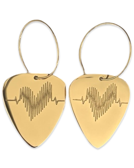 Womens, Classic Gold Single, Guitar Pick Earrings on 25 mm 14K Gold filled hoops. 