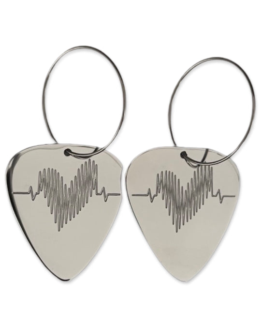 Womens, Classic Silver Single, Guitar Pick Earrings on 25 mm stainless steel silver hoops. 