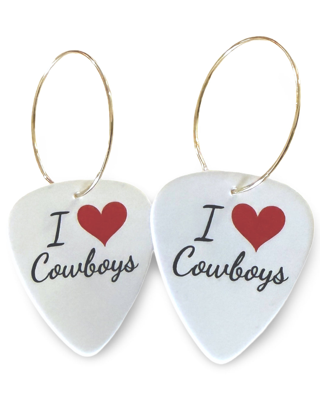 Womens,  I Love Cowboys, Guitar Pick Earrings on 25 mm gold filled hoops. 