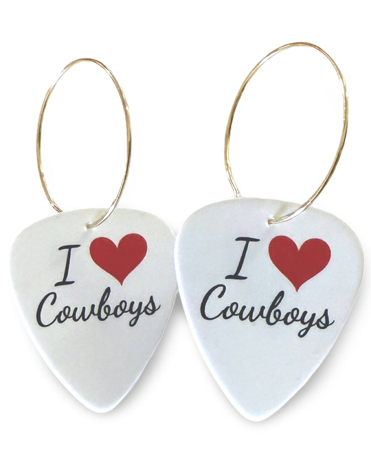 Womens,  I Love Cowboys, Guitar Pick Earrings on 25 mm gold filled hoops. 