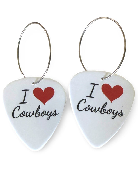Womens, I Love Cowboys, Guitar Pick Earrings on 25 mm stainless steel silver hoops.