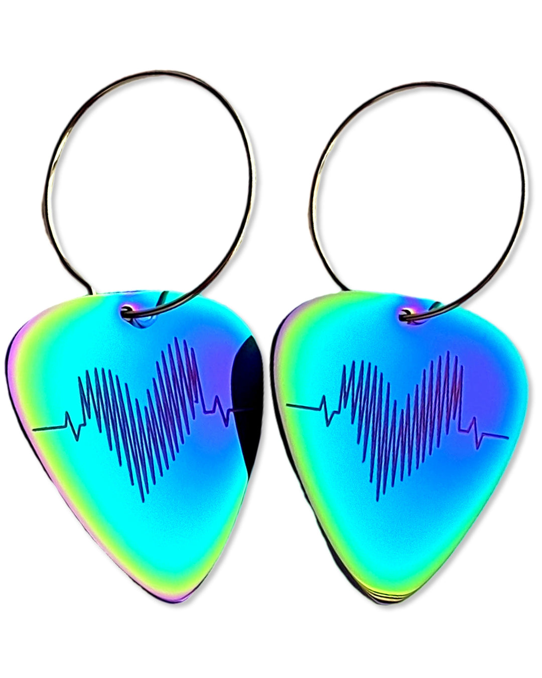 Womens, Rainbow Steel, Guitar Pick Earrings on 25 mm 14 K Gold Plated hoops.