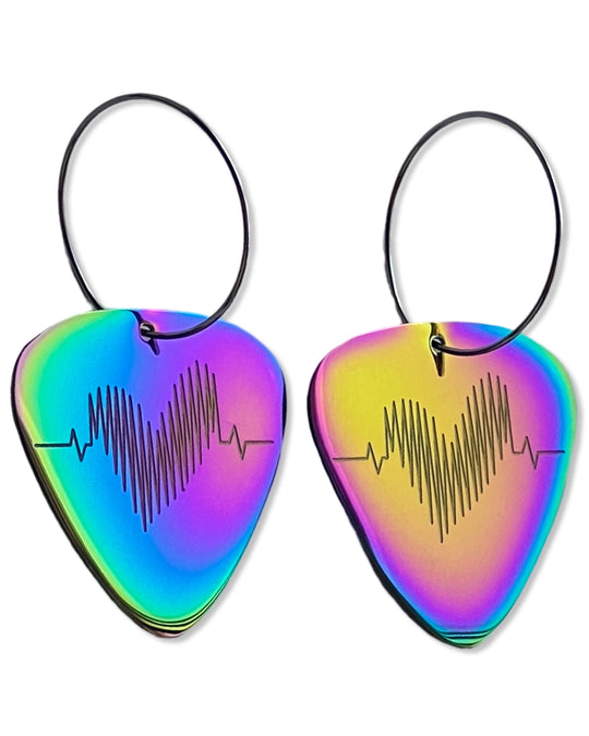 Womens, Rainbow Steel, Guitar Pick Earrings on 25 mm silver hoops. 