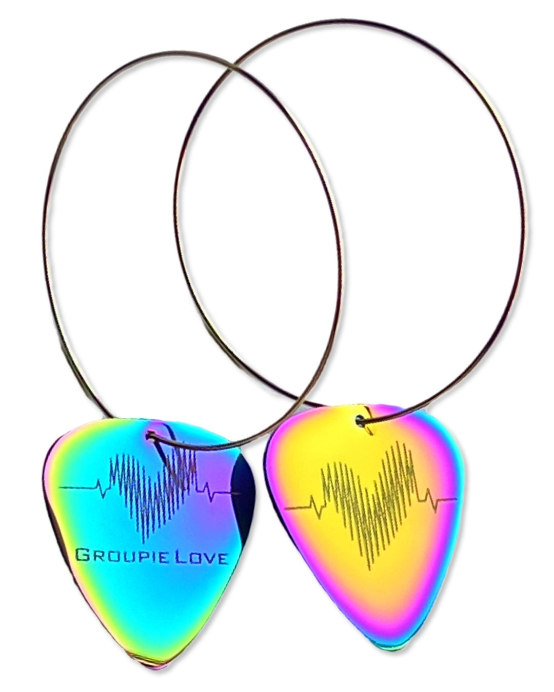 Womens, Rainbow Steel, Guitar Pick Earrings on 50 mm 14 K Gold Plated hoops.