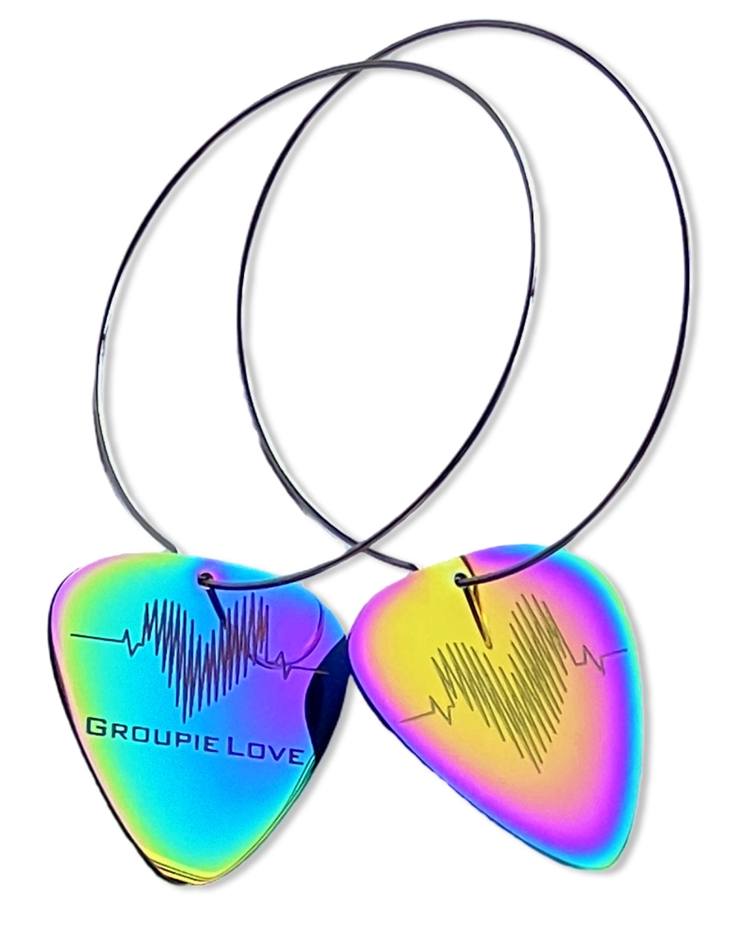 Womens, Rainbow Steel, Guitar Pick Earrings on 50 mm silver hoops. 