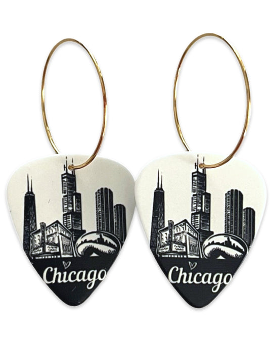 Chicago Black & White Skyline Reversible Single Guitar Pick Earrings