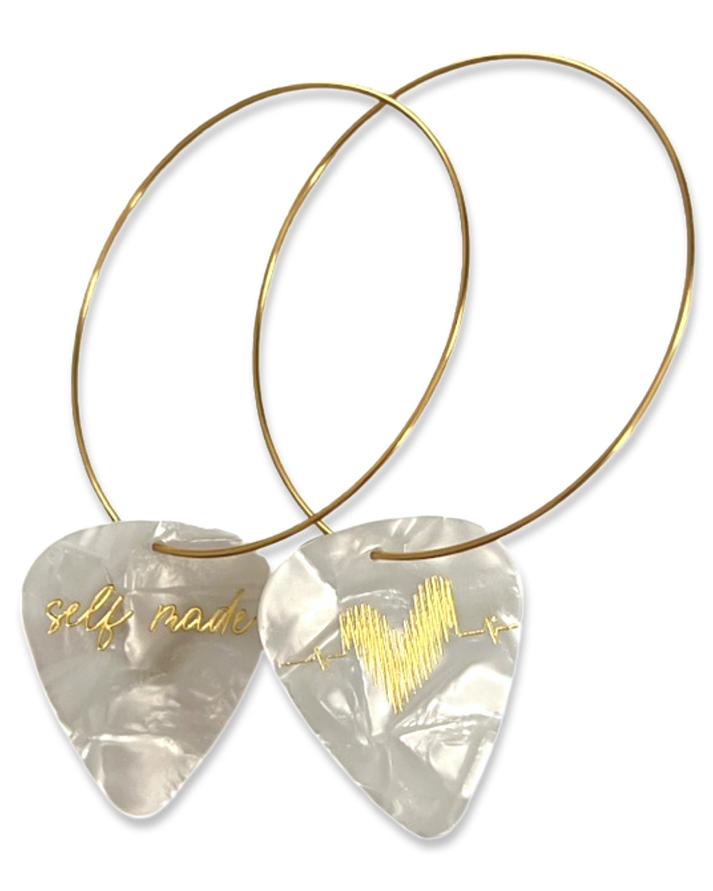 WS Self Made White Pearl Gold Reversible Single Guitar Pick Earrings
